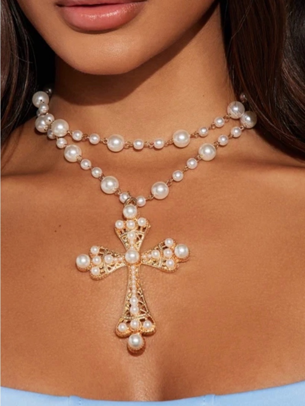 Fashion Nova Gold and White Pearl Cross Pendant Necklace